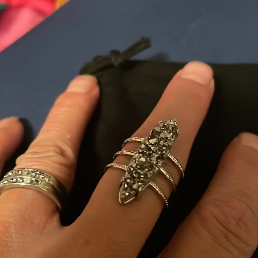 NWT! Rhodium Platinum Druzy Quartz Triple Tiered Ring Size 7